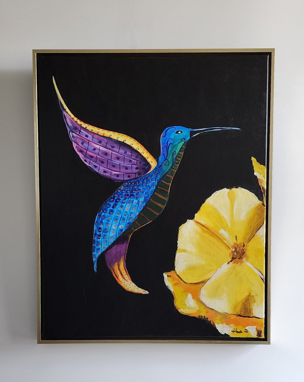 Framed artwork of a blue bird and yellow flower on a black background