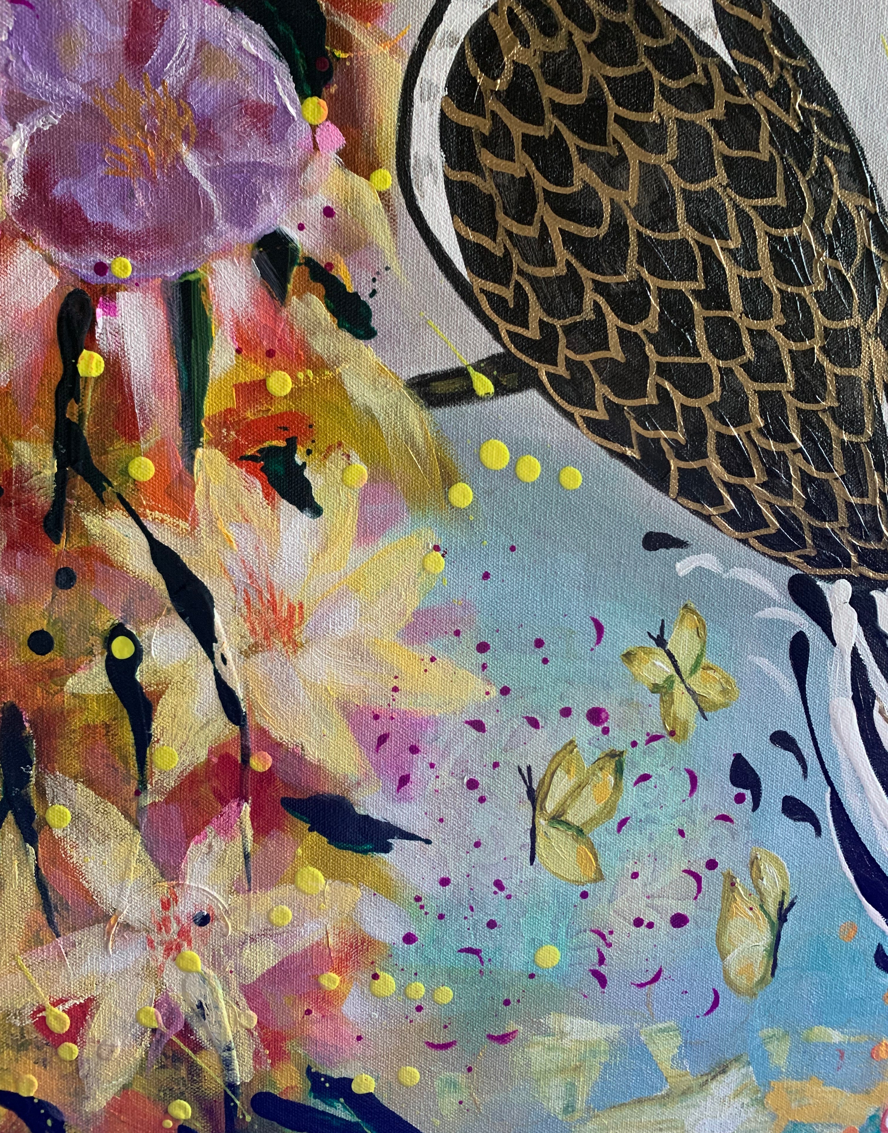 Abstract artwork with birds, flowers, and butterflies on a colorful background